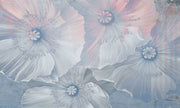 Ethereal large-scale poppy wall mural in soft blues and pinks.