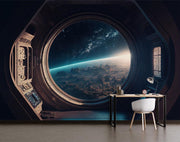 Spaceship Window Wallpaper Mural decorating a kids bedroom.