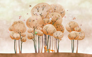 Woodland adventure wall mural with illustrated trees, animals and playful nature elements in a cozy children's room setting.