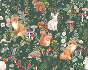 Enchanted forest animals wall mural with foxes, rabbits, hedgehogs, wildflowers, and mushrooms in a vintage botanical style, set against a deep green background.