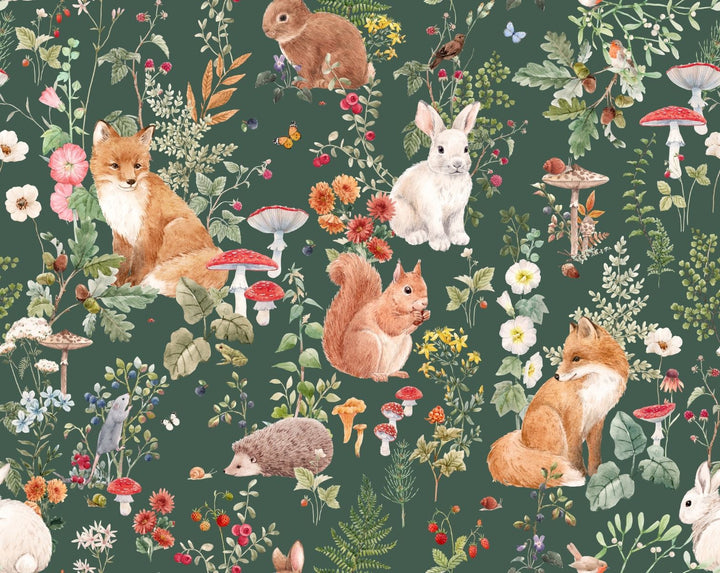 Enchanted forest animals wall mural with foxes, rabbits, hedgehogs, wildflowers, and mushrooms in a vintage botanical style, set against a deep green background.