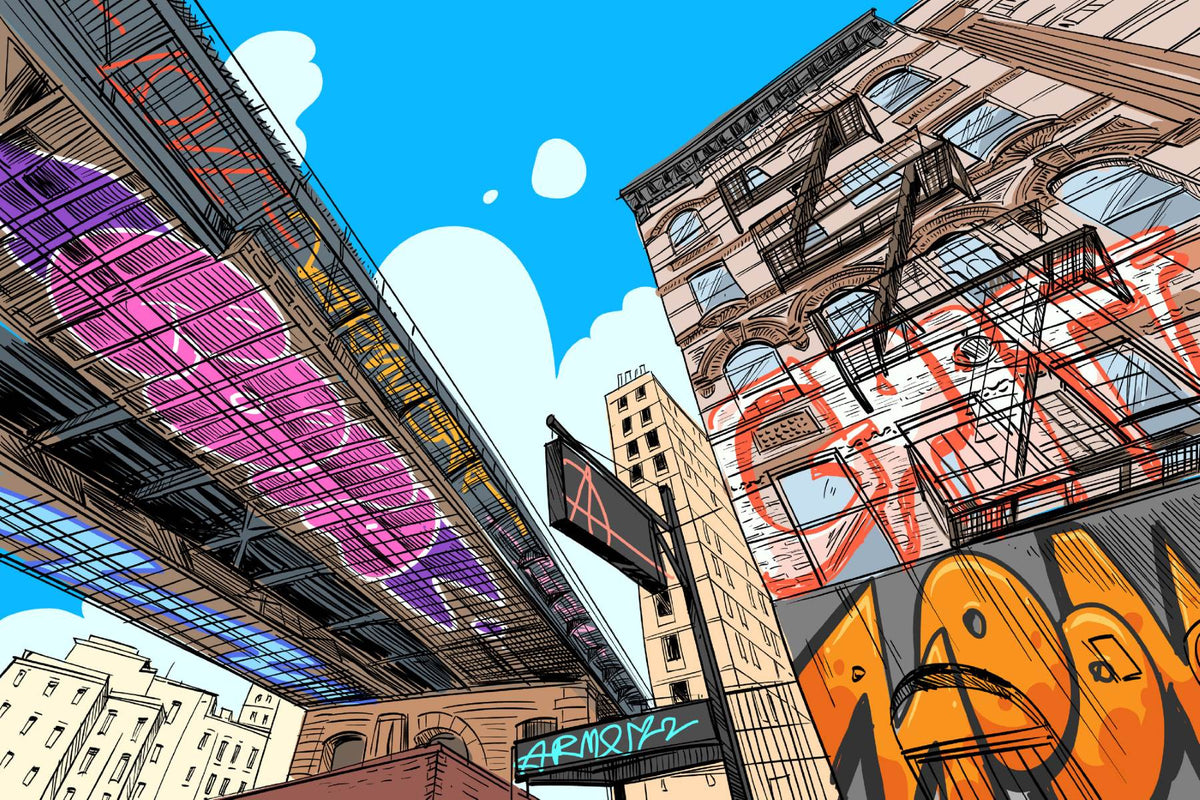 Urban cityscape wall mural with graffiti, comic-style illustration of skyscrapers and underpass, modern street art wallpaper for bedroom or living room decor.