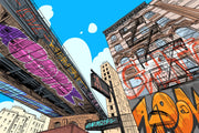 Urban cityscape wall mural with graffiti, comic-style illustration of skyscrapers and underpass, modern street art wallpaper for bedroom or living room decor.
