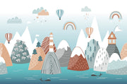 Scandinavian-style mountains wall mural with hot air balloons, rainbows, and cozy landscapes in soft earthy tones – perfect for kids' rooms and nurseries.