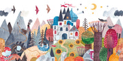 Colorful illustration of a fantasy landscape with mountains, trees, animals, and a castle.