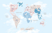 Pastel dinosaur world map wall mural featuring adorable prehistoric creatures, soft blue and pink tones and a whimsical design; perfect for kid's rooms and nurseries.