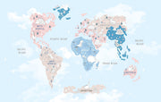 Pastel dinosaur world map wall mural featuring adorable prehistoric creatures, soft blue and pink tones and a whimsical design; perfect for kid's rooms and nurseries.