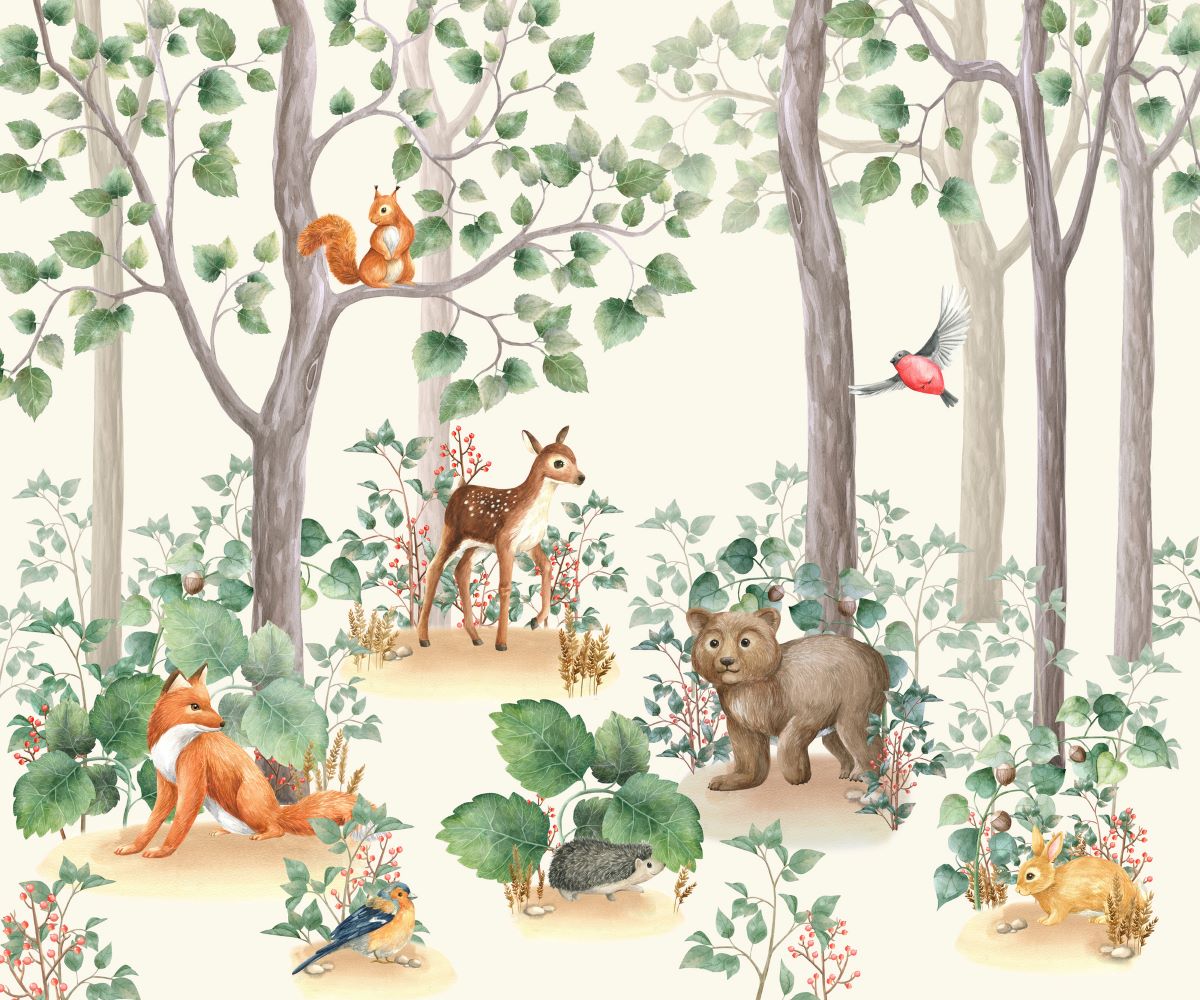Woodland-themed wall mural featuring a bear cub, deer, squirrel, birds and lush green trees.