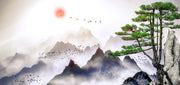 Minimalist Japanese mountain landscape wall mural with coral sunset and flying birds.