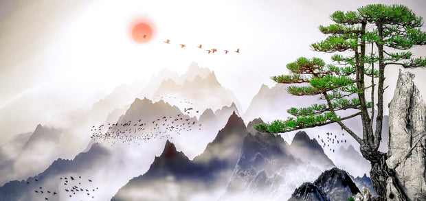Minimalist Japanese mountain landscape wall mural with coral sunset and flying birds.