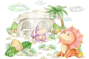 Watercolour little dinosaurs wall mural, perfect for decorating kids room or playroom.