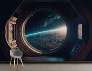 Spaceship Window Wallpaper Mural decorating a kids bedroom.