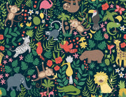 Jungle-themed pattern with animals and plants on a dark blue background