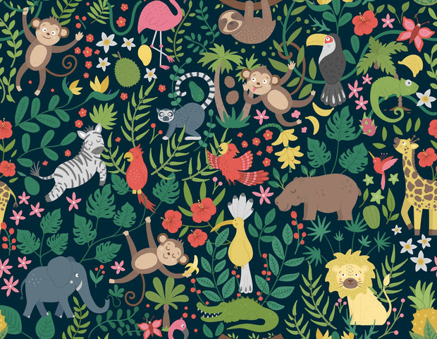 Jungle-themed pattern with animals and plants on a dark blue background