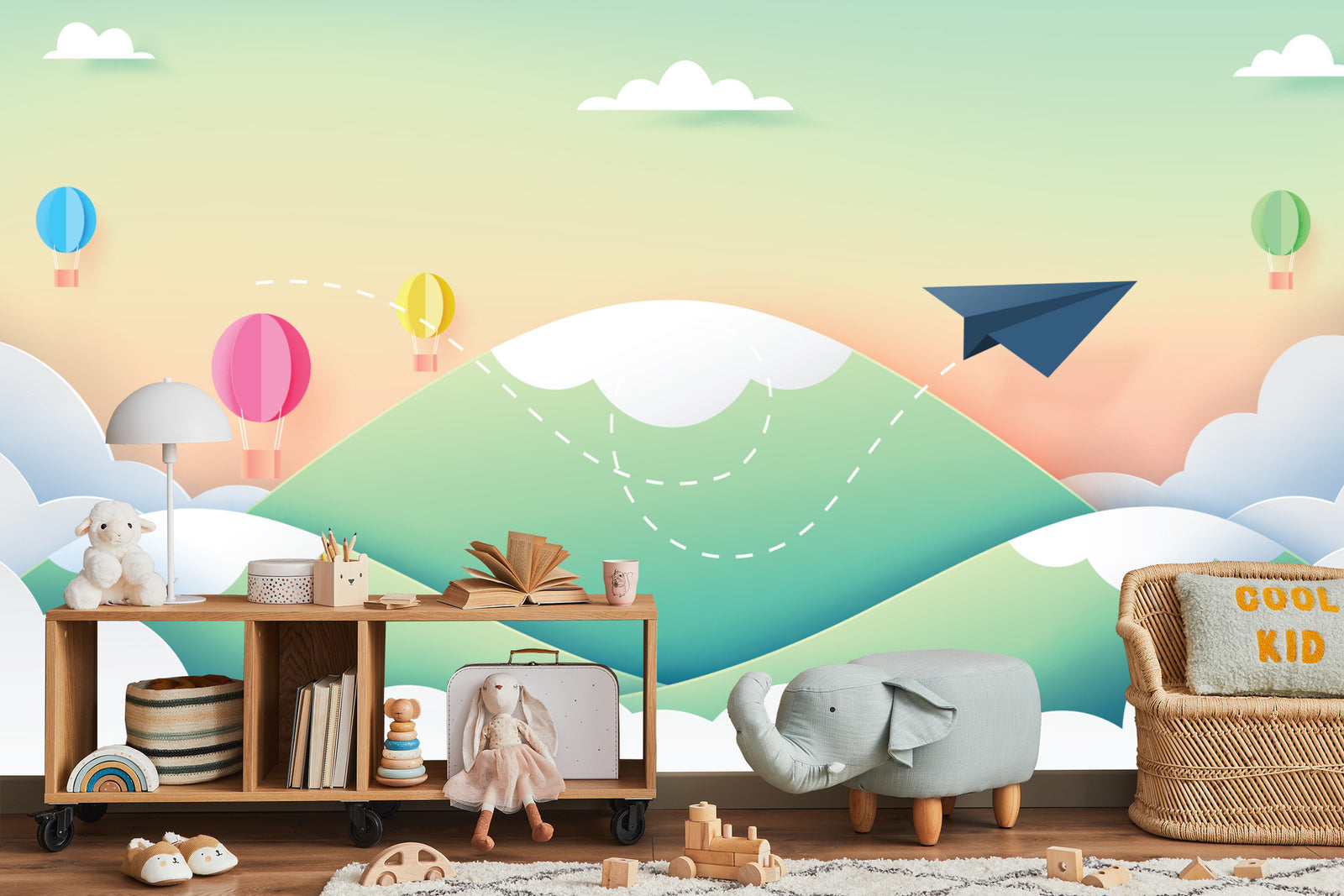 Paper aeroplane and hot air balloons wall mural image 0