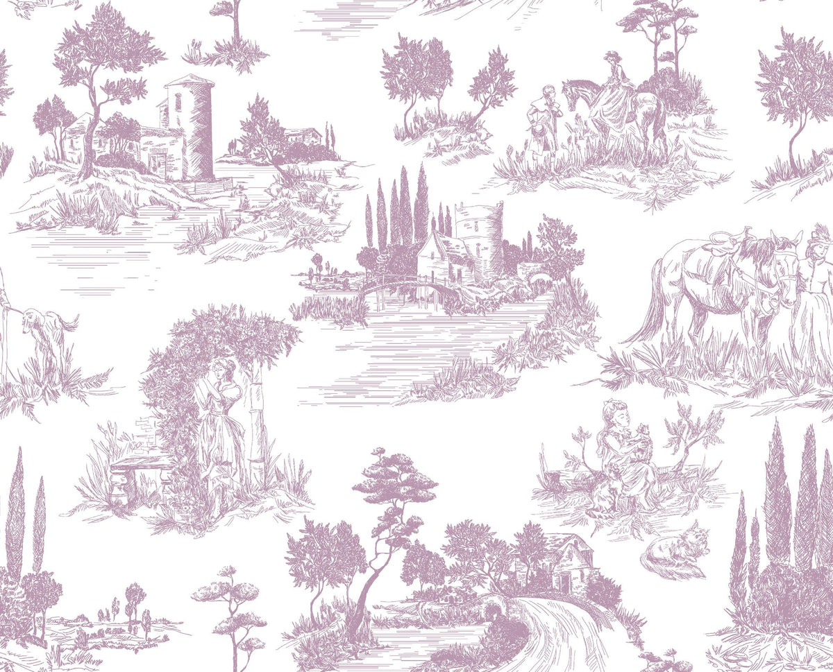 Toile de Jouy wall mural with delicate French countryside scenes in classic vintage style.