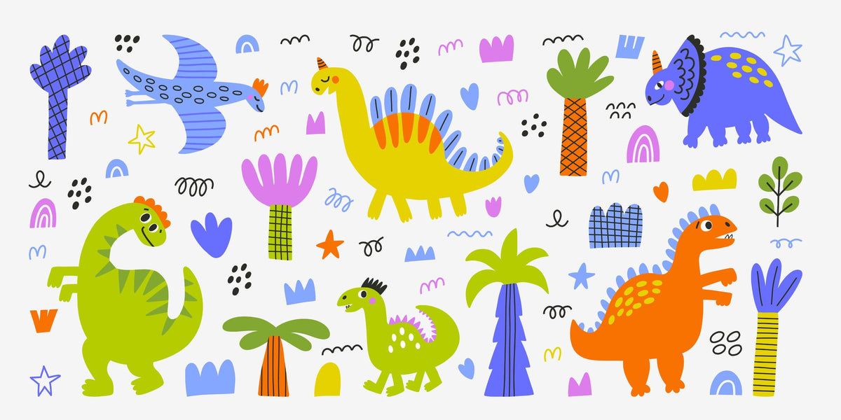 A colorful dinosaur wall mural with playful hand-drawn dinos, palm trees, and doodles, perfect for kids' rooms and nurseries.