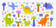 A colorful dinosaur wall mural with playful hand-drawn dinos, palm trees, and doodles, perfect for kids' rooms and nurseries.