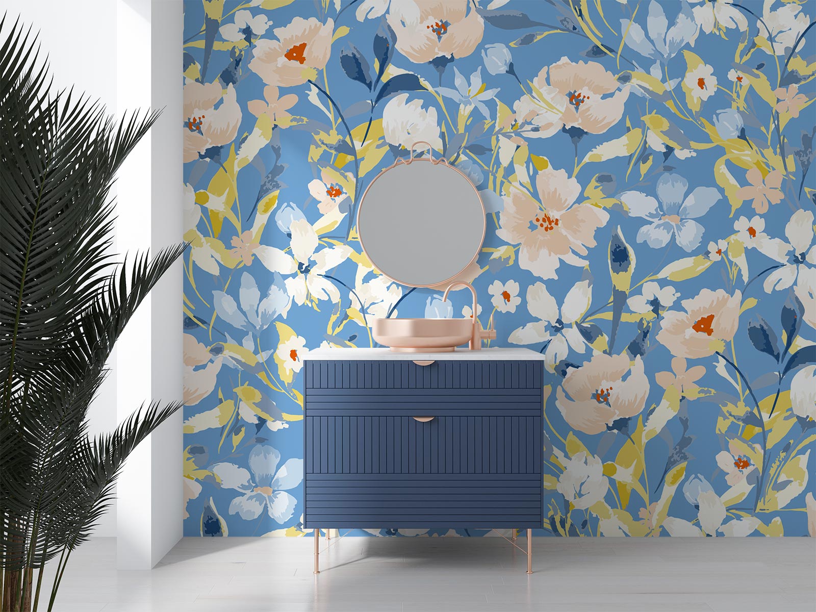 Bold botanical wall mural with vibrant blue, beige, and yellow flowers, styled in a modern bathroom.