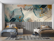 Absract floral wall mural decorating a bedroom.