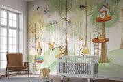 Woodland fox wall mural featuring playful foxes, treehouses, and a lush green forest; perfect for nursery, kid's bedroom or playroom décor.