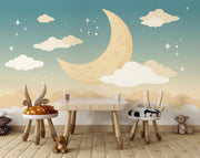 Pastel moon and clouds wall mural with twinkling stars, perfect for nurseries and kids' rooms.