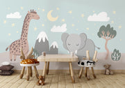 Cute safari wall mural with a giraffe, elephant, and dreamy night sky – perfect for nurseries and kids’ rooms.