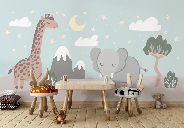 Cute safari wall mural with a giraffe, elephant, and dreamy night sky – perfect for nurseries and kids’ rooms.