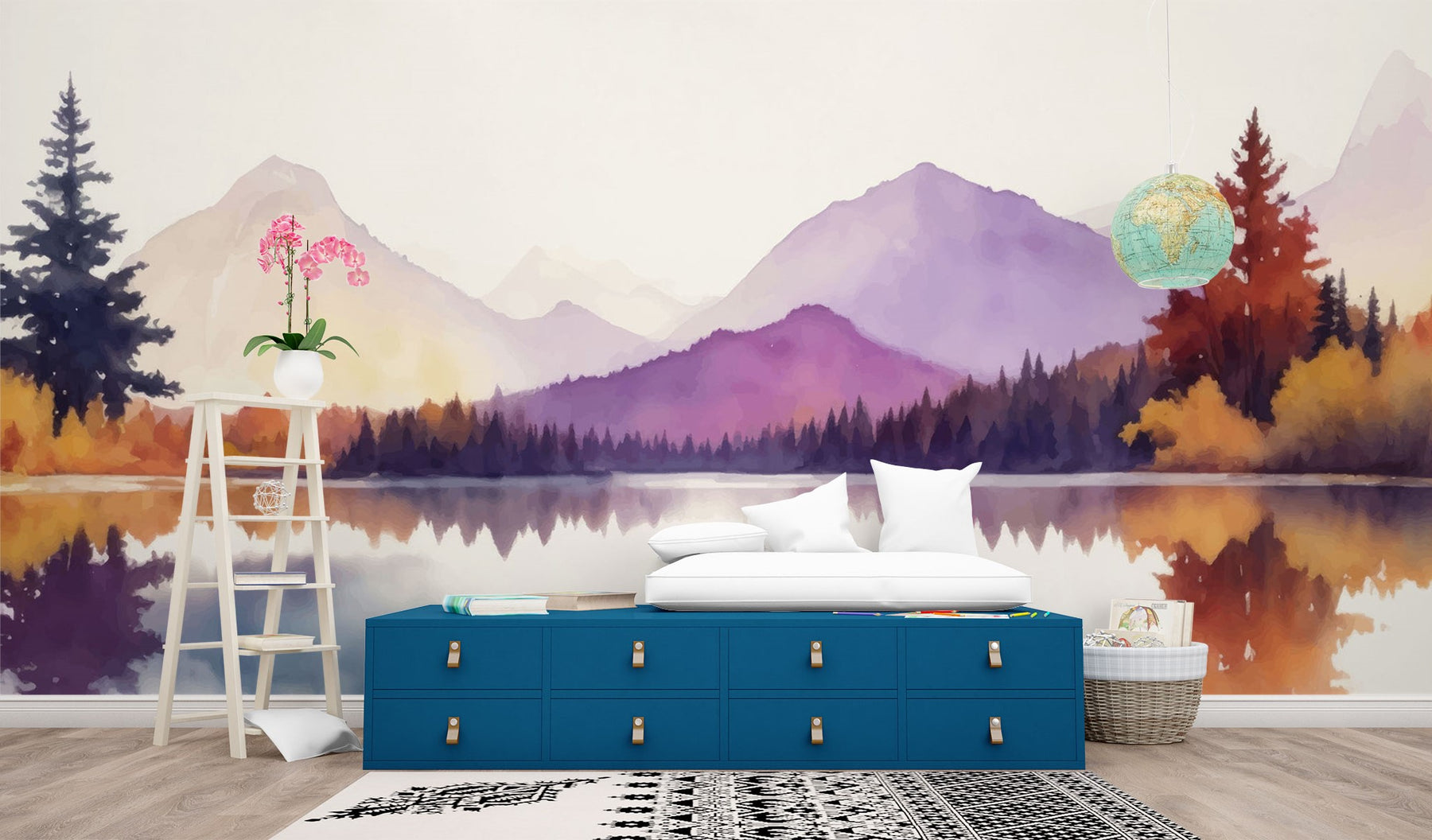 Watercolor mountain lake wall mural with warm autumn hues, reflecting trees, and serene nature-inspired scenery.
