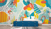 Abstract doodle wall mural with vibrant colors, bold shapes, and expressive line work, creating a dynamic and artistic room atmosphere.