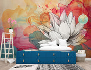 Radiant Lotus wall mural featuring black-and-white lotus illustration on vibrant watercolor background with red, orange, and teal hues.