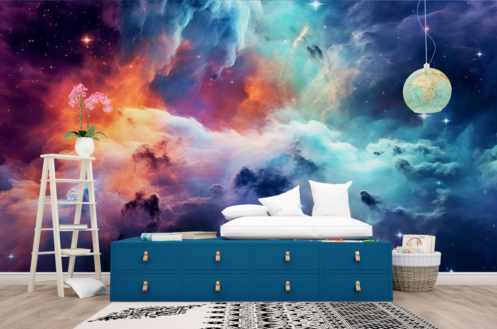 Celestial Dreams galaxy wall mural with colorful nebula clouds in orange, blue, and purple tones, styled in a bright room with a modern bench and globe lamp.