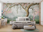 Elegant blooming tree mural with pastel flowers, flowing branches, and a dreamy misty background, perfect for nature-inspired interior decor.