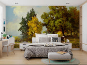 Hand-painted wall mural featuring golden forest trees, a winding pathway, and warm sunlight illuminating a peaceful woodland landscape.