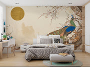 Peacock serenity wall mural with a detailed peacock, cherry blossoms, and golden sun on a beige background in a modern bedroom.