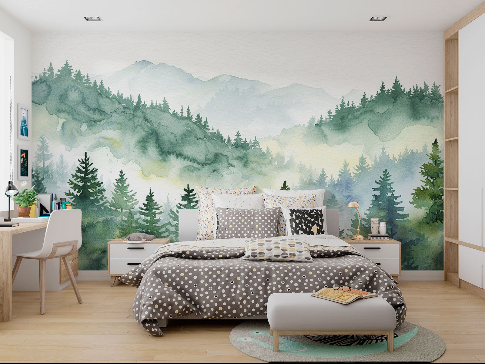 Watercolor forest wall mural with misty mountains and lush green trees, creating a serene and calming nature-inspired ambiance.