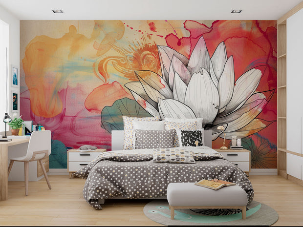 Radiant Lotus wall mural featuring black-and-white lotus illustration on vibrant watercolor background with red, orange, and teal hues.