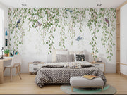 Willow Branches Wall Mural – A serene nature-inspired wallpaper featuring cascading willow branches and birds on a soft background.