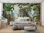 Lush jungle wall mural featuring a mystical forest landscape with dense greenery, exotic plants, and a serene pathway.