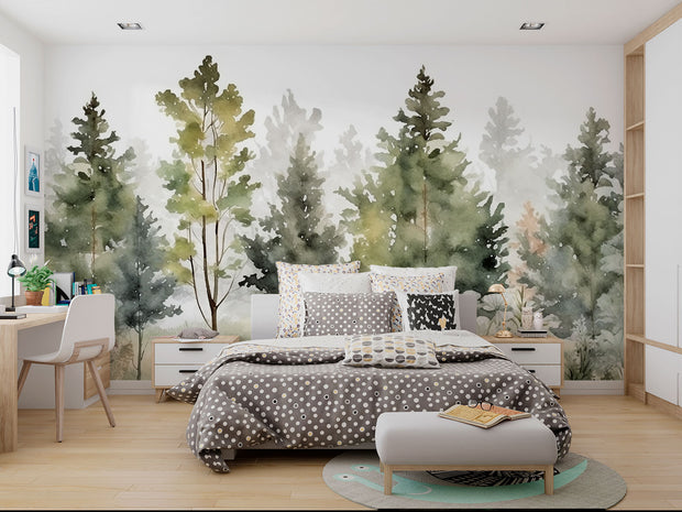 Watercolor forest wall mural with soft green pine trees and a misty effect, creating a peaceful and artistic woodland-inspired space.