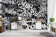 Black and white urban graffiti wall mural with bold typography, perfect for modern home or office decor.