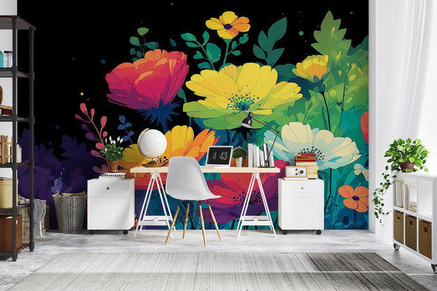 Colorful floral mural in a room with a desk and chair.