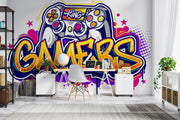 Graffiti-style gaming wall mural with a colorful controller, vibrant gamer room wallpaper for gaming setups and streamers.