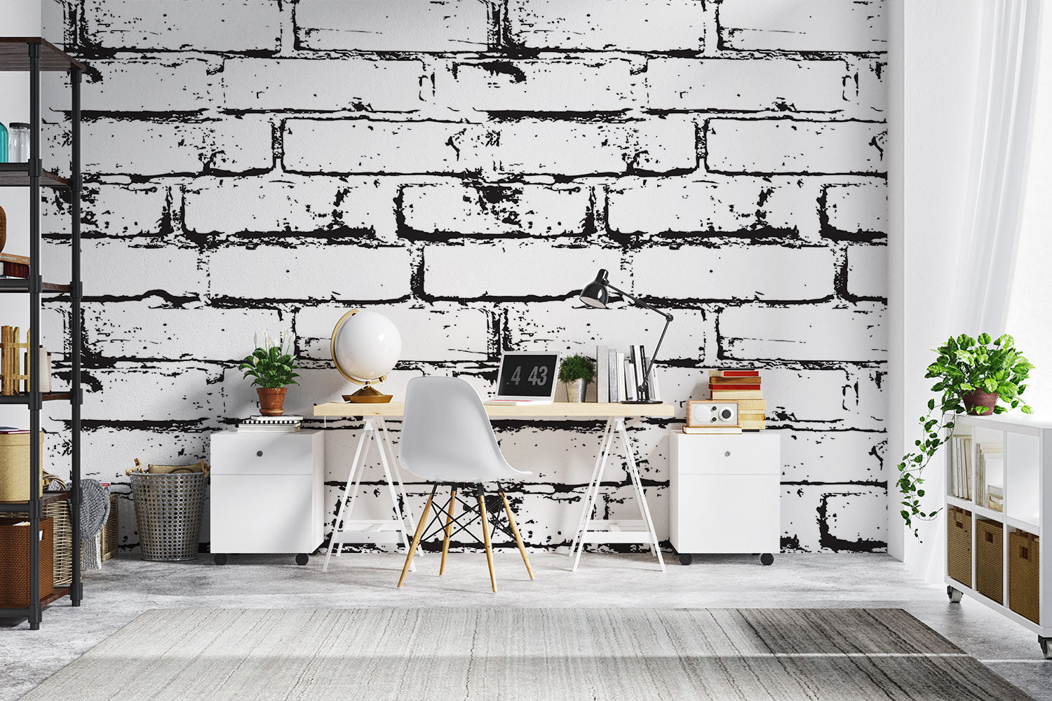 Black and white distressed brick wall mural, industrial faux brick wallpaper for modern bedroom decor.

