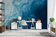 Deep blue abstract wall mural with flowing textures, creating a calming and elegant bedroom atmosphere.