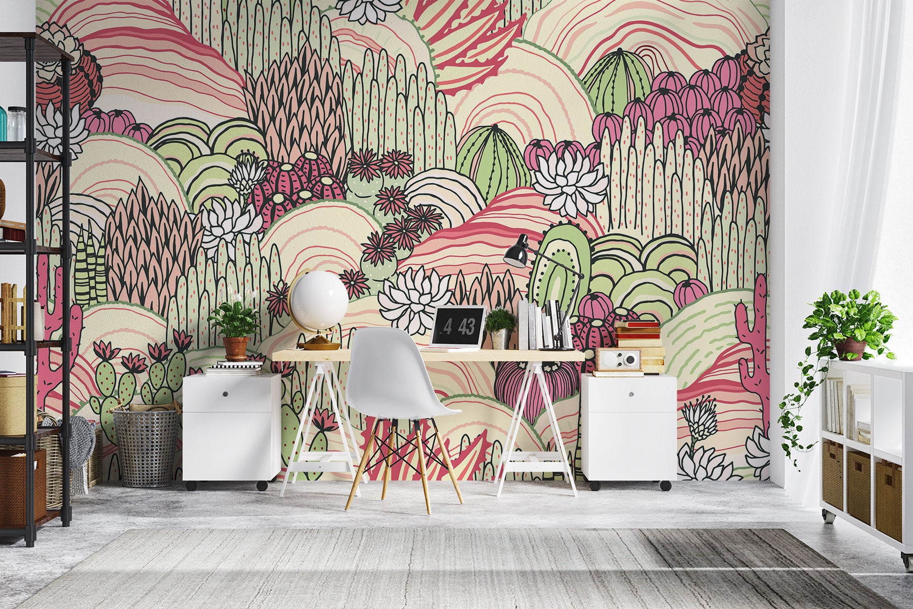 Desert bloom wall mural with hand-drawn cacti, succulents, and rolling hills in pink, green, and cream tones, creating a bold and artistic bedroom backdrop.