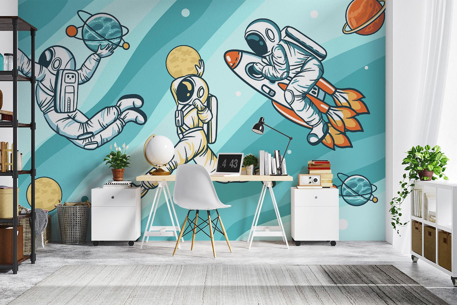 Playful astronaut-themed wall mural featuring astronauts, rockets, planets, and comets, ideal for kids’ bedroom or playroom decoration.