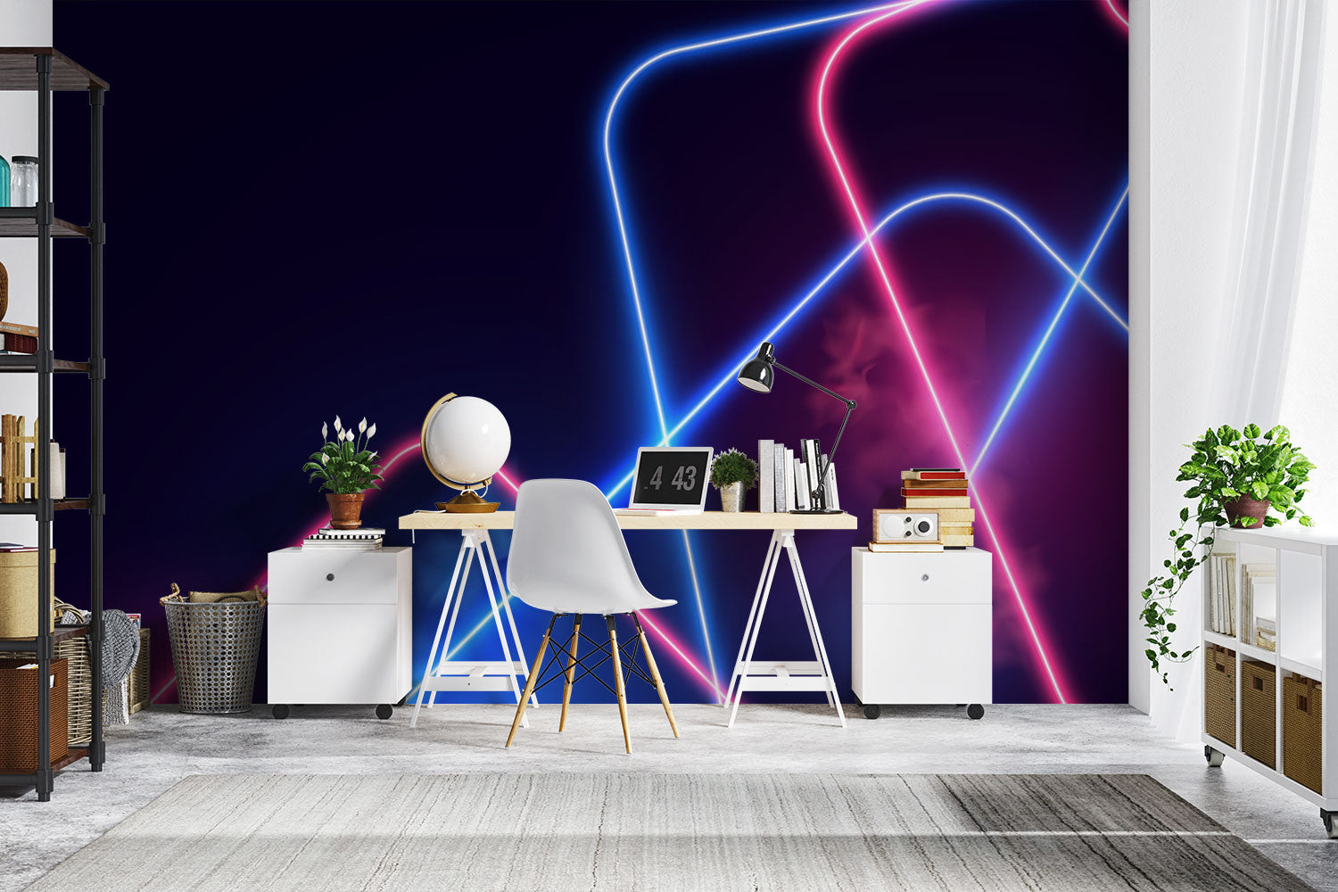 Futuristic Neon Light Wall Mural – Modern Cyberpunk-Inspired Wallpaper with Vibrant Blue and Pink LED-Style Light Trails for Gaming & Trendy Interiors.