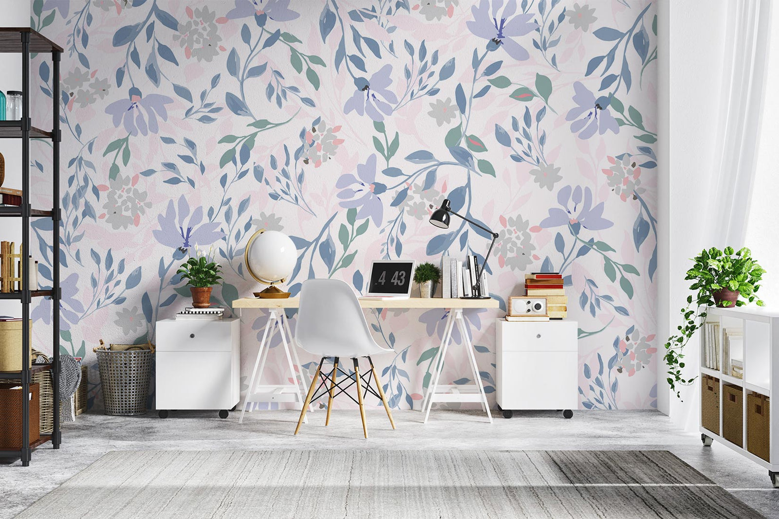 Delicate pastel floral wall mural with soft lavender, blush pink, and green botanical patterns in a modern home office with white furniture.