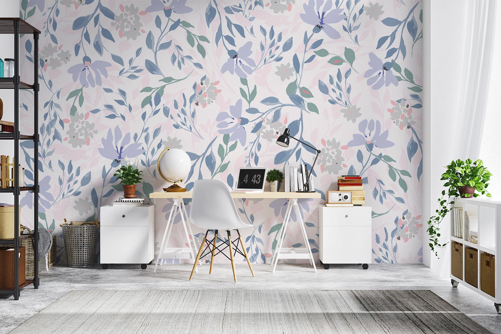 Delicate pastel floral wall mural with soft lavender, blush pink, and green botanical patterns in a modern home office with white furniture.
